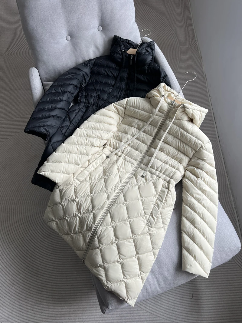 Black Lightweight Down Jacket Women's Mid-length Drawstring Waist Slimming Coats Winter New Hooded 90 White Duck Down Outerwear