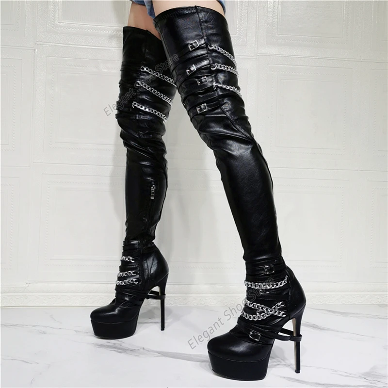 

Metal Chain Black Leather Thigh Boots Sexy Round Toe Black Over Knee High Heels Fashion Belt Buckle Platform Zip Nightclub Shoes