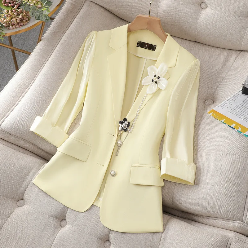 Abito da donna azzurro 1 pezzo Blazer con scollo a v 3/4 maniche lunghe fiore che borda giacca da lavoro formale da ufficio cappotto da ballo primaverile