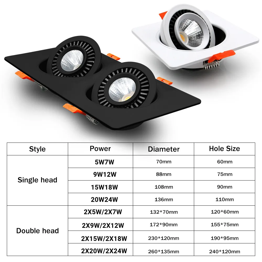 360 úhel otočný LED zapuštěné downlight hranatý 10W 14W 20W 24W LED strop lampa stmívatelné klas doušek lehký pro pozadí světel