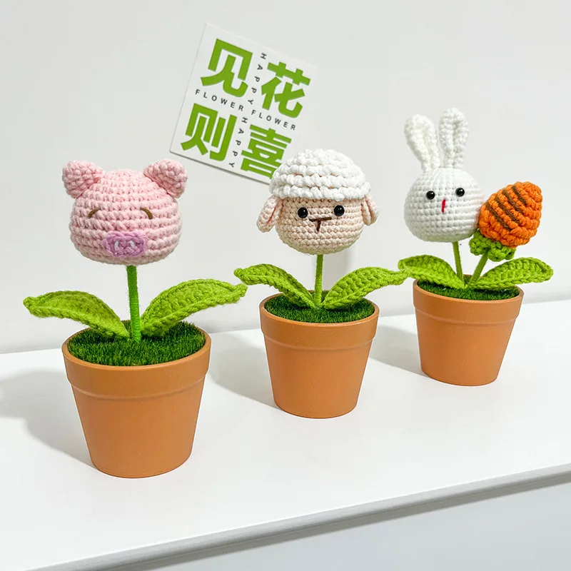 Hand-knitted Simulation Animal Potted Plant Finished Cartoon Rabbit Pig Doll Creative Wool Table Decoration Children's Day Gift