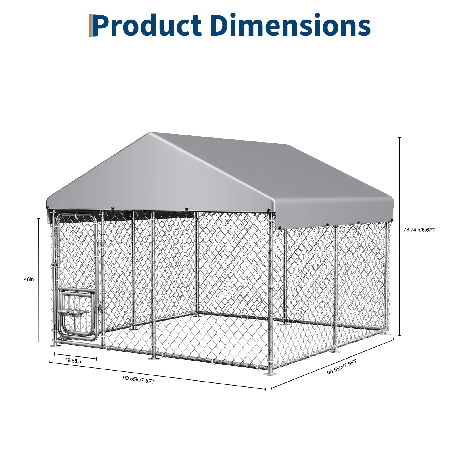 Heavy Duty 7.5x7.5x6.6 FT Outdoor Dog Kennel With Roof Cover, Lockable Feeding Door Dog Run For Large Dogs