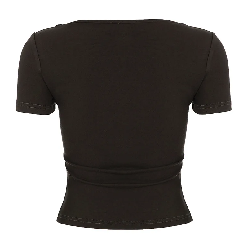 Summer New U-neck sexy hot girl slimming short sleeved solid color low cut twisted slim fit  T-shirt for women