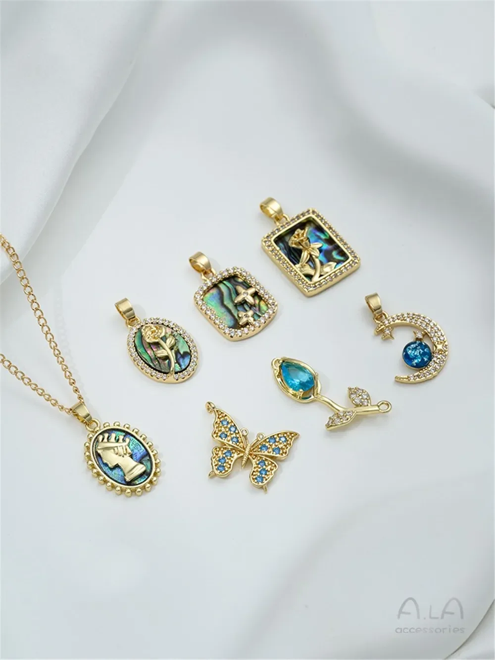 14K Light Gold Color Retention Blue Zirconium Butterfly Tulip Abalone Shell Rose Queen Pendant DIY Jewelry Necklace Pendant