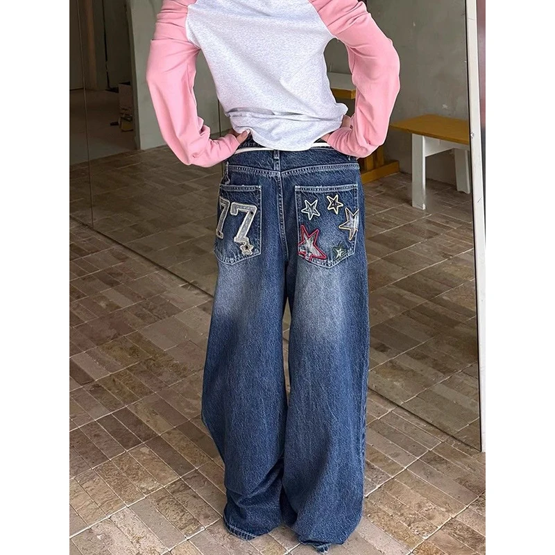 

Women Vintage Embroidery Jeans 2025 Autumn Y2K Harajuku Wash Baggy Denim Pants Streetwear High Waist Wide Leg Trousers