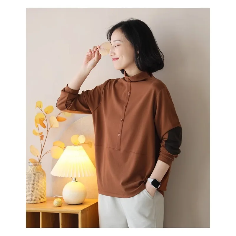 Women's Beige & Brown Contrast Half-Placket Stand Collar Long Sleeve Loose Casual Pullover Top