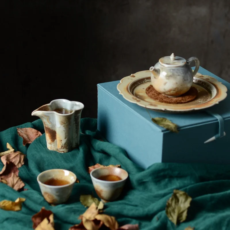 ★High-End Blue Single Teacup Tea Set Teapot Pot Tray Set Gift Box Gift Box Wooden Fabric Gift Box Packing Box