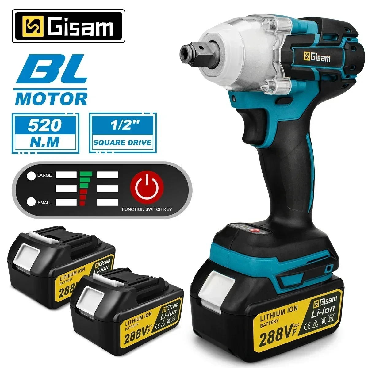 Gisam 520n.M Brushless Electric Impact Wrench 1/2 In Lithium-Ion Battery For Automotive Repair For Makita 18v Battery Pins