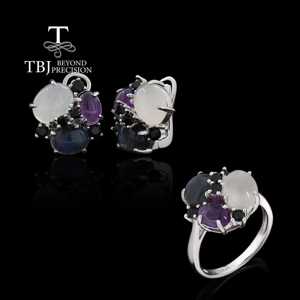 

Кольцо и серьги TBJ из натурального белого лунного камня, аметиста и голубого лабрадорита, серебро 925 пробы, изысканные ювелирные украшения для женщин, для торжественных мероприятий