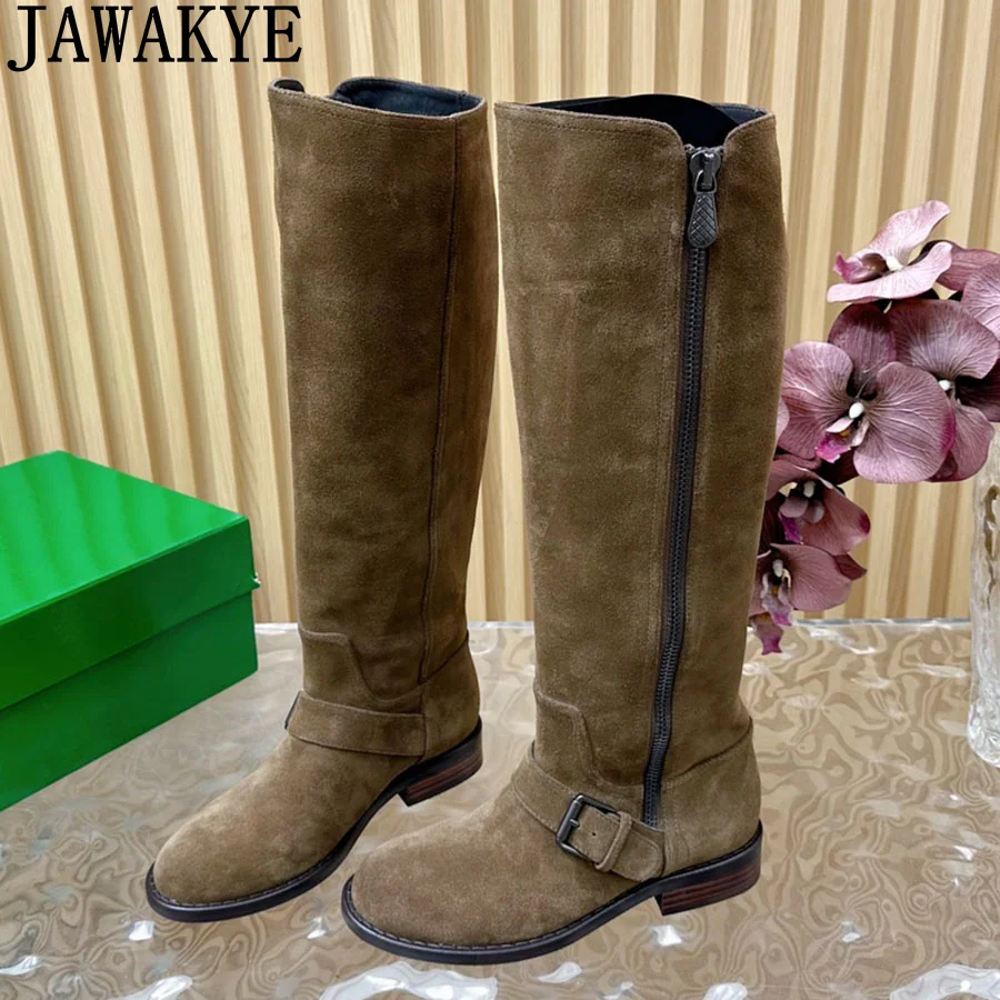 Suede Leather Knee High Punk Boots Women Round Toe Cowdoy Knight Boots Autumn Winter Luxury Runway Fashion Week Boots femina