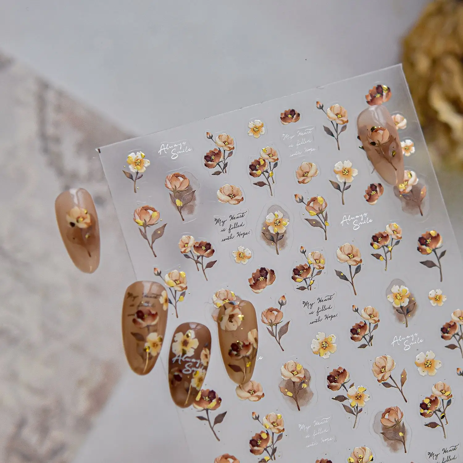 Autunno squisiti adesivi per unghie 3D retrò caramello crema fiori acquerello fiore decorativo adesivi per nail art decalcomanie per manicure fai da te