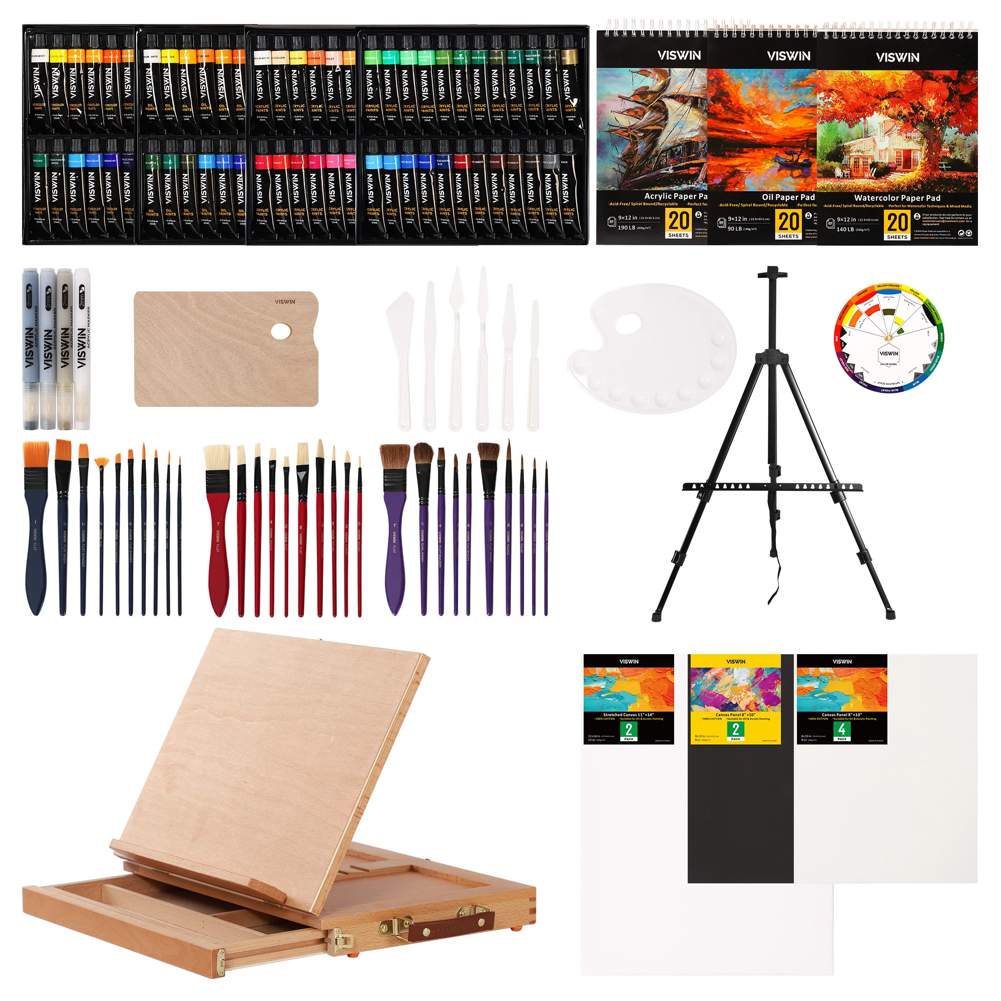 

VISWIN Art Supplies Set With Easel Box ,Painting Brushes,Acrylic Tubes,Watercolor Pads,Canvas,Palete,Marker