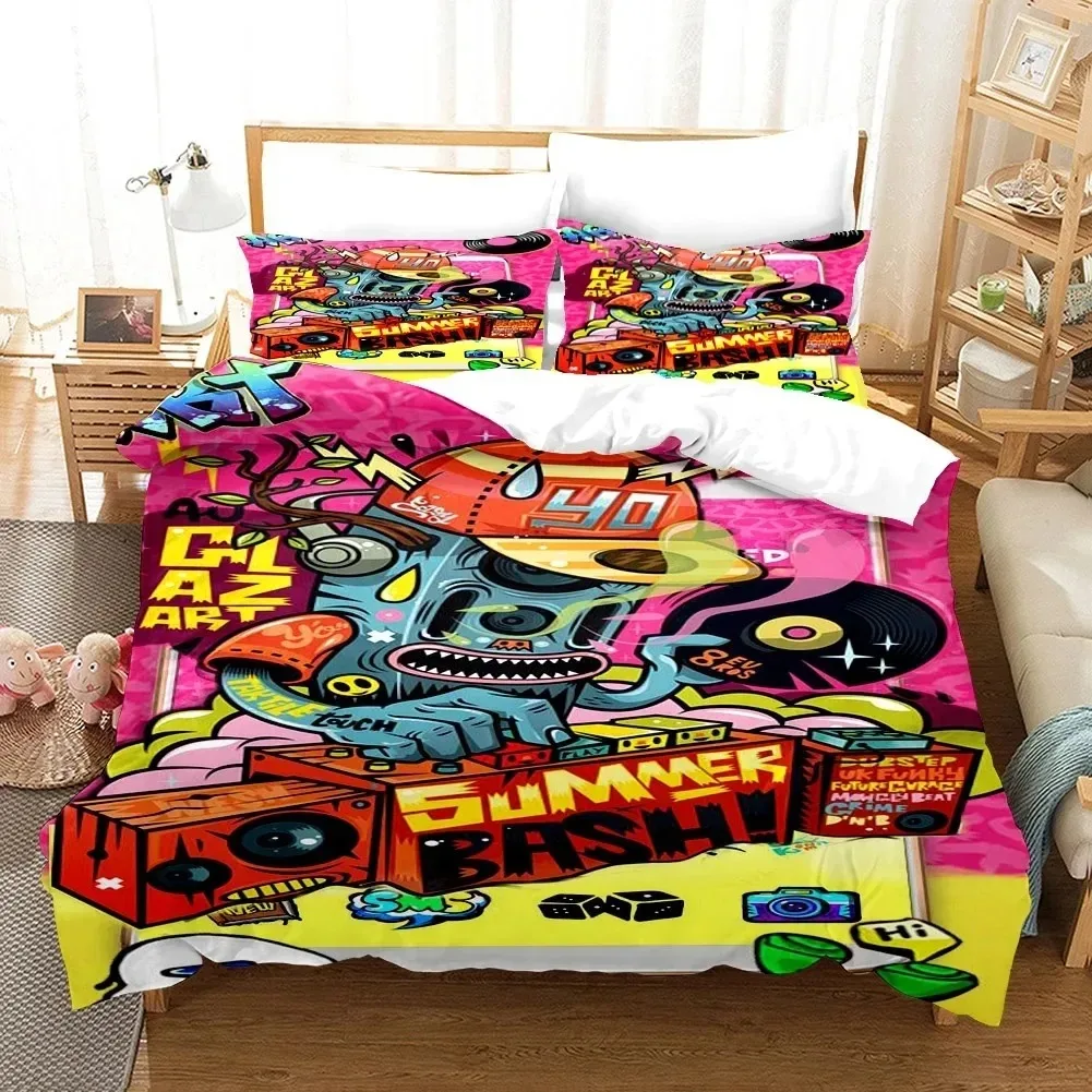 Cartoon Style Hip-Hop Graffiti 3D Printed Duvet Cover Pillowcase Bedding Set, Teenagers Bedroom Decor Bed Kit，Single_Queen Size