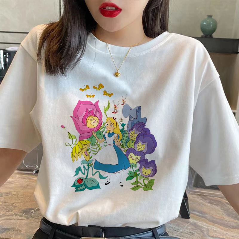 Disney Camisetas Mulheres Algodão Alice\'s Adventures In Wonderland Camisetas Anime Kawaii Cartoons Harajuku Roupas Casuais Streetwear