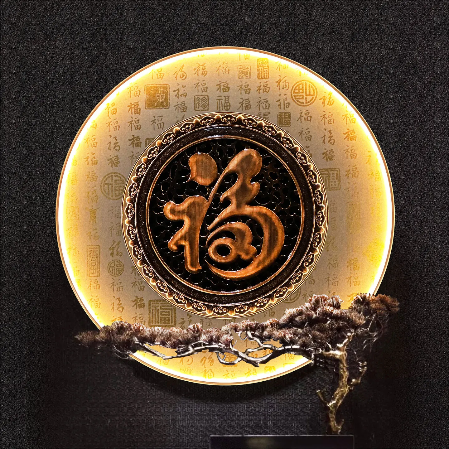 Entry entrance decorative painting Fu character walkway wall hanging painting New Chinese style round luminous lamp painting Bai