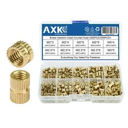 AXK  200/500pcs Brass Insert Nuts Kit Female Threaded Insert Set Knurled Nuts Assortment Kit M2 M2.5 M3