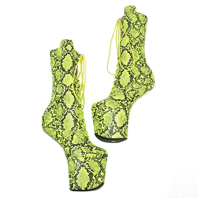 Leecabe Green Snake PU mix patent Upper Platform Ankle Boots  Exotic heelless pole dance shoes