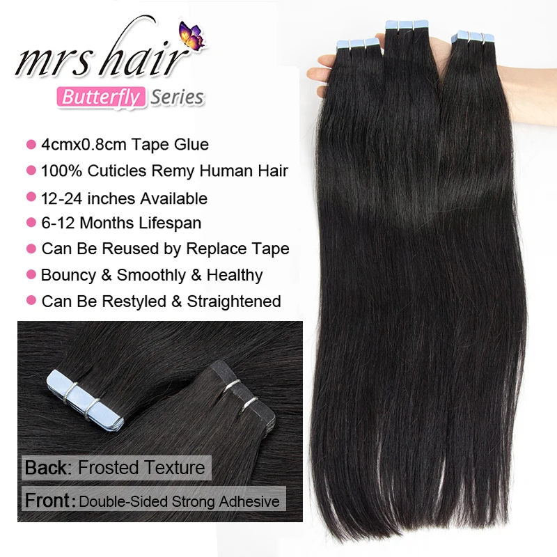 MRSHAIR Nastro nelle estensioni dei capelli Nastro di trama della pelle dei capelli umani Remy per cuticole diritte di seta Ins 20 pz/pacco 12-24 pollici 1B 02 04