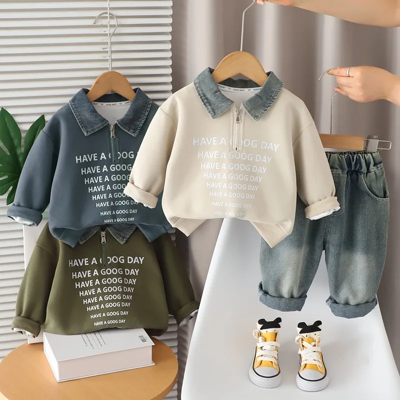 ZOETOPKID Stylish Autumn Fashionable Long Sleeve Denim Collar Boys' Two-Piece Set Trendy Baby Autumn Winter Clothing