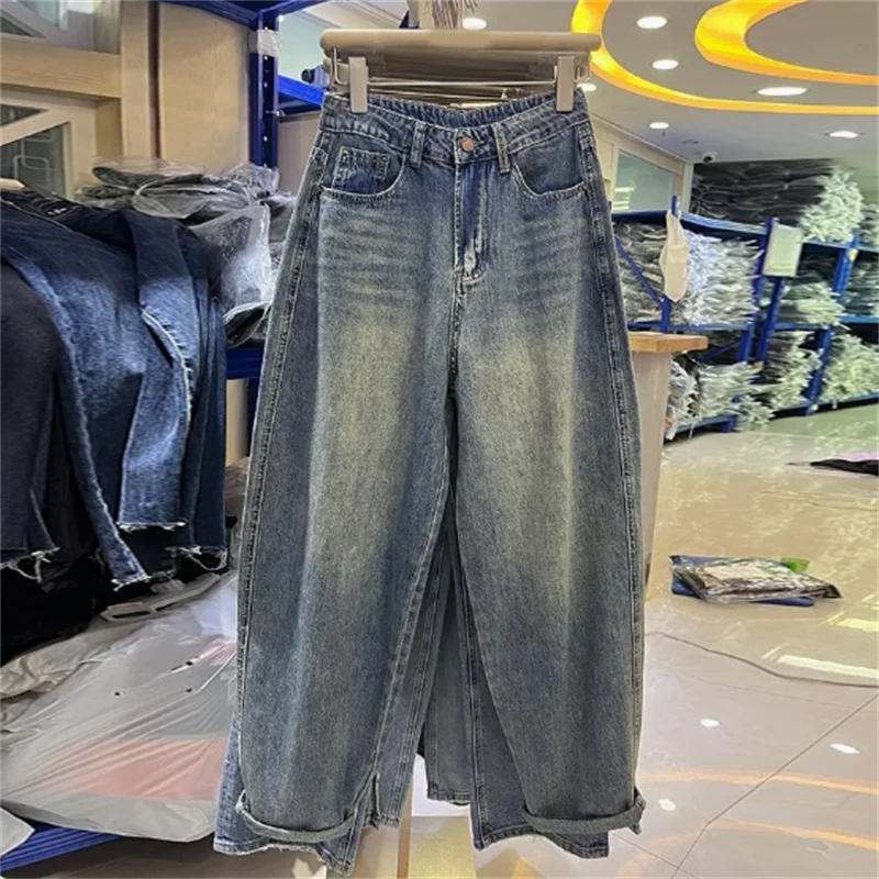 Oversized washed cowboy daddy pants men's and women's spring and summer baggy slim nine points radish pants