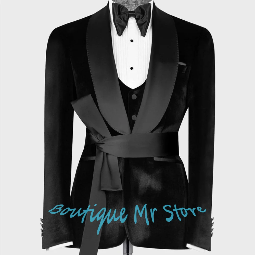 

Men's Black Velvet Tuxedo Suit Three Piece(Jacket+Vest+Pants) Set with Satin Shawl Lapel Elegant Formal Wedding Dinner Attire
