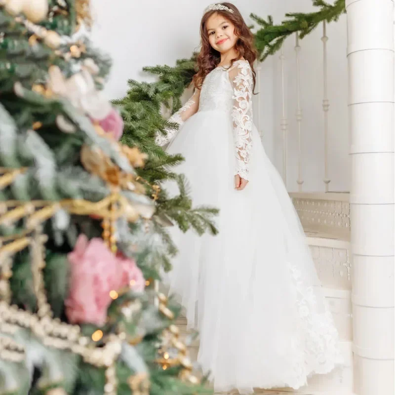 White Lace Appliques Long Sleeve For Wedding Birthday Prom Banquet Holy Communion Gowns Customized Flower Girl Dresses