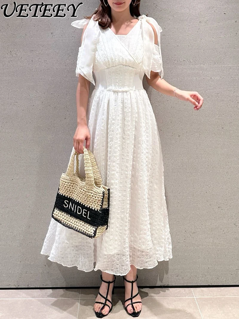 2025년 여름 신상 우아한 오프숄더 허리 리본 숄더 스트랩 프린트 드레스, 니치 하이웨이스트 슬림 드레스, 출퇴근룩