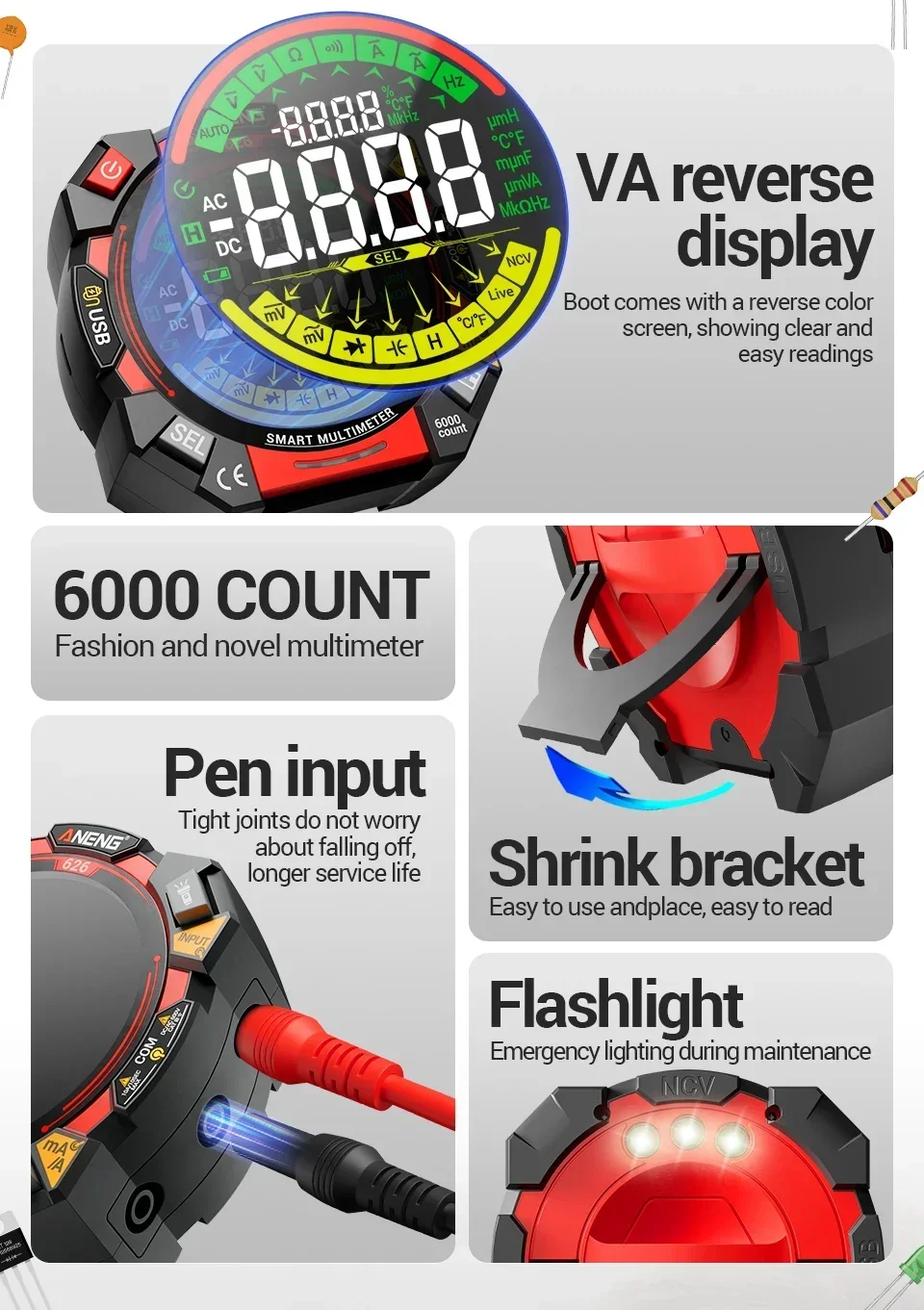 Multitester 6000 Counts 600V Spannungsprüfer ANENG 626 Multimeter Tragbares Strom-Ohmmeter Wiederaufladbares USB-Detektorwerkzeug – Detail 7