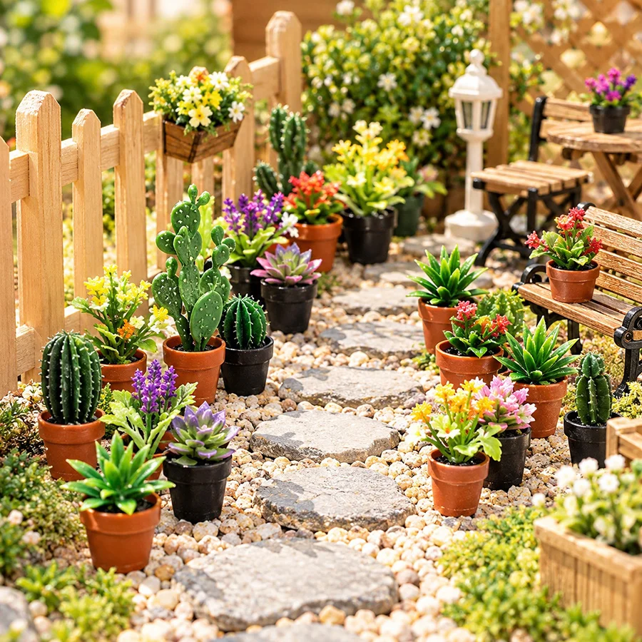 4Pcs Random Style Artificial Mini Potted Flower & Cactus Models, Plastic Faux Greenery for Home Office Table Decor ZYF