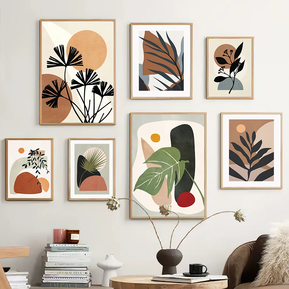 Boho Abstract Canvas Painting Geometric Leaf Plant Sun Wall Art Mural Botanical Floral Print Poster Decor Pictures Living Room