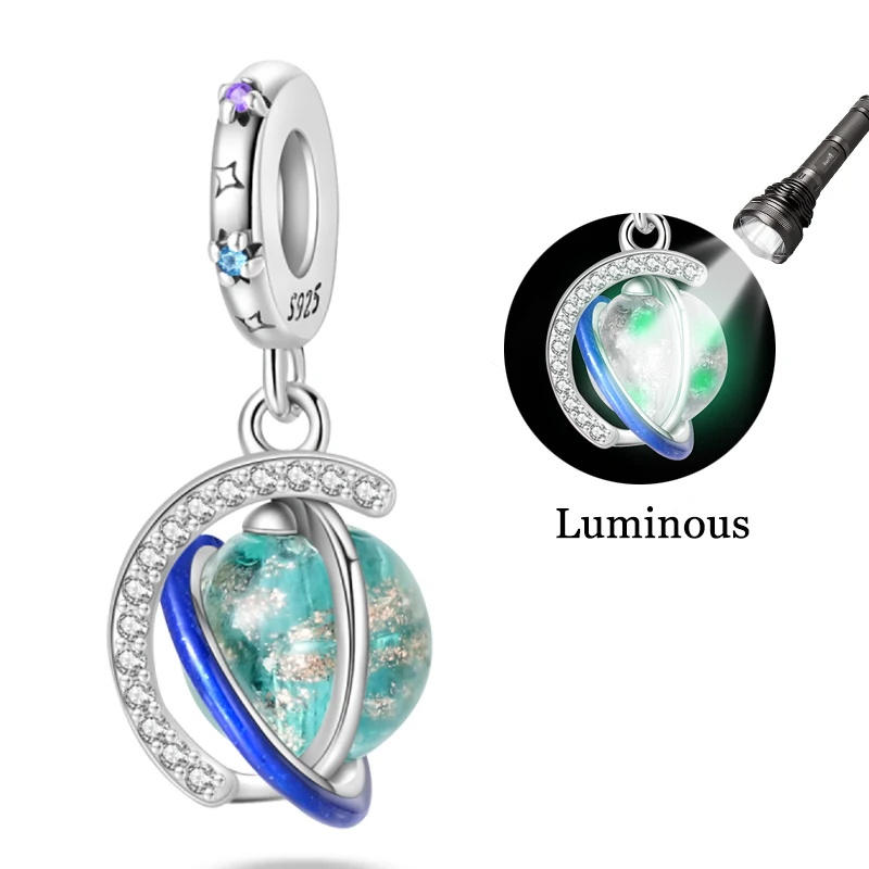 

Fit DIY 925 Original Bracelets Planet Glowing Ball 925 Silver Zircon Charms Pendant DIY Exquisite Birthday Party Jewelry Gifts