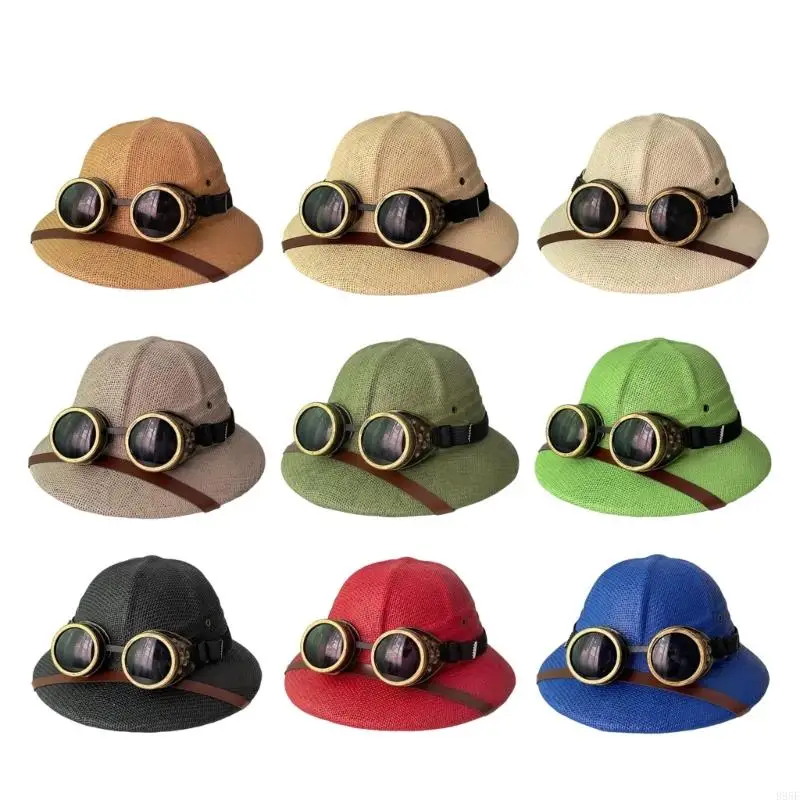 

B95F Steampunks Explorers Hat Adjustable Goggles Helmet Paper Straw Hard Hat for Adult