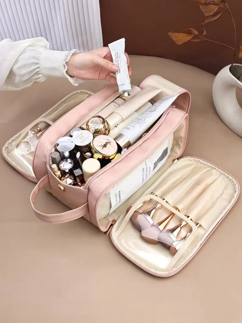 Double Zipper Toast Travel Makeup Bag for Women Cosmetic Bag Large Capacity Makeup Bag Storage Organizer PU Leather Toiletry Bag