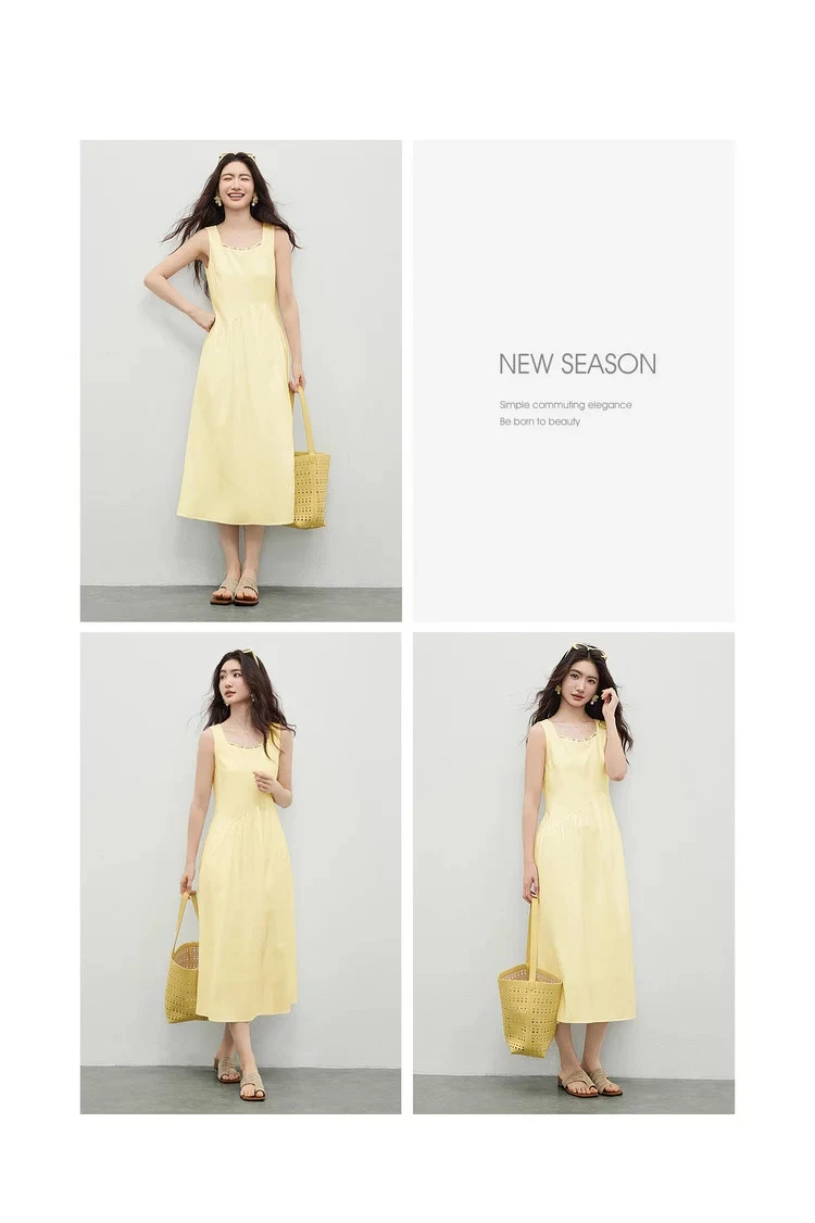 SENTUBILA Damen Ärmelloses Midikleid 2026 Sommer Elegantes Minimalistisches Ausgeschnittenes Perlenbesetztes Kleid mit Quadratischem Ausschnitt und Plissee-A-Linie 162LP6225 – Detail 26