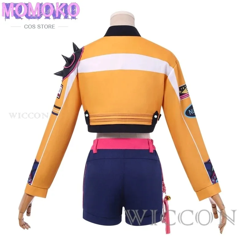 زيزي 2025 KPop شيطان الصيادين فيلم رومي تأثيري الشعر الأرجواني الطويل سترة برتقالية وسروال قصير رائع زي مع ملون