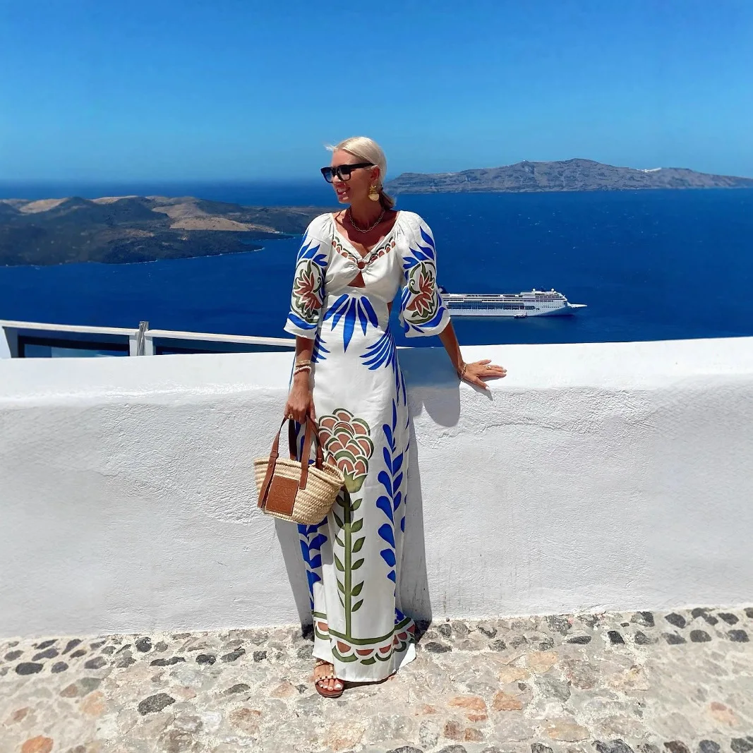 

Bohemian Print Vacation Long Dresses Women V-neck Hollow Out Backless Leace-up Half Sleeve A-line Dress Fashion Female Clothing