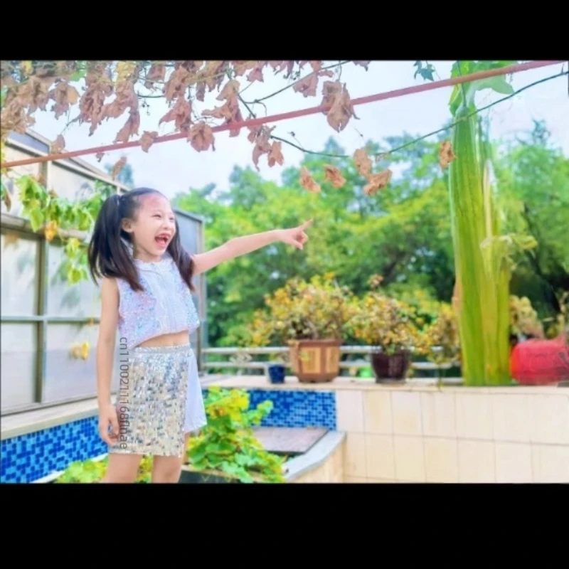 Costumi di danza hip-hop e di strada per bambini, costumi di performance di danza jazz con glitter argento, set di passerelle di moda per ragazze