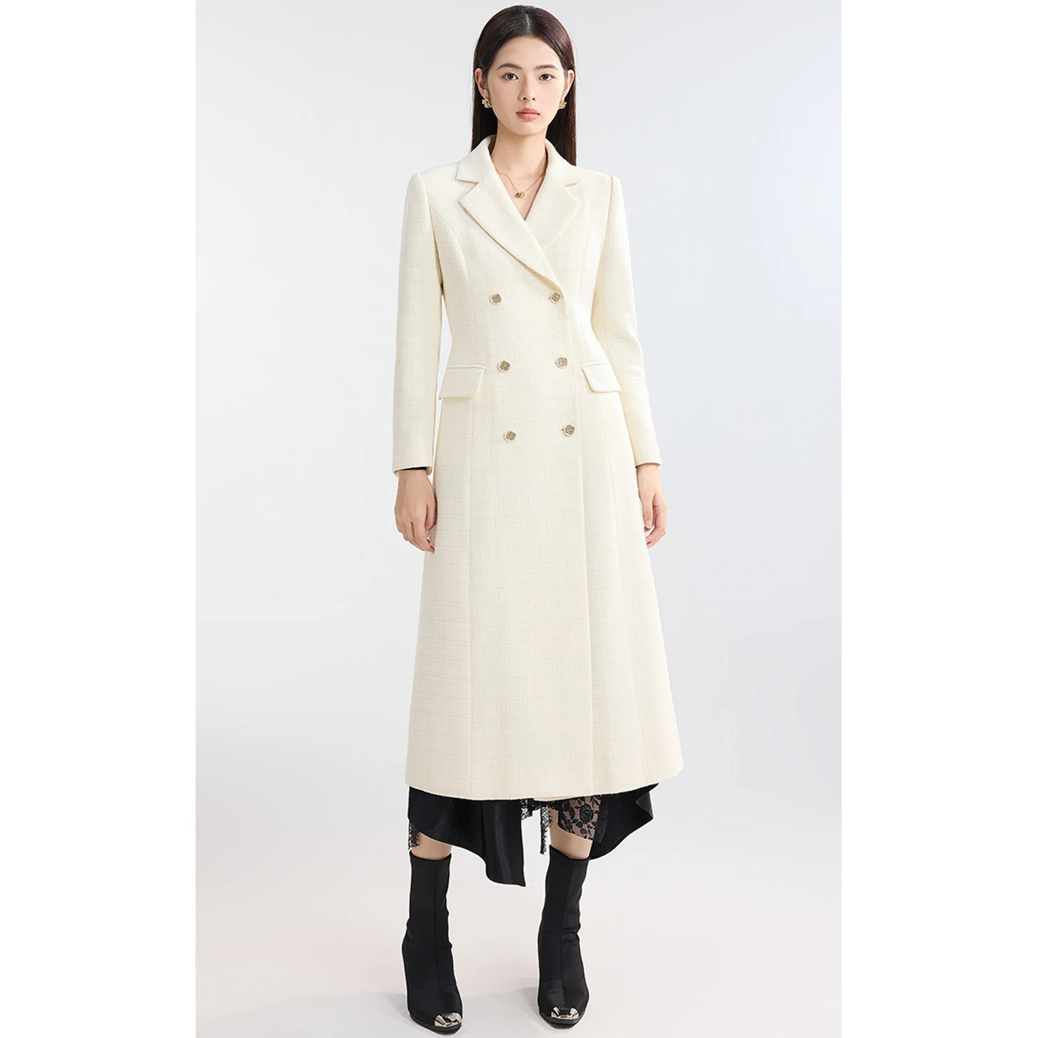 

Allingentle Ivory Women's Long Blazer Woolen Fashion Double-Breasted Jacket for Cocktail Party Daily Outfits Customize