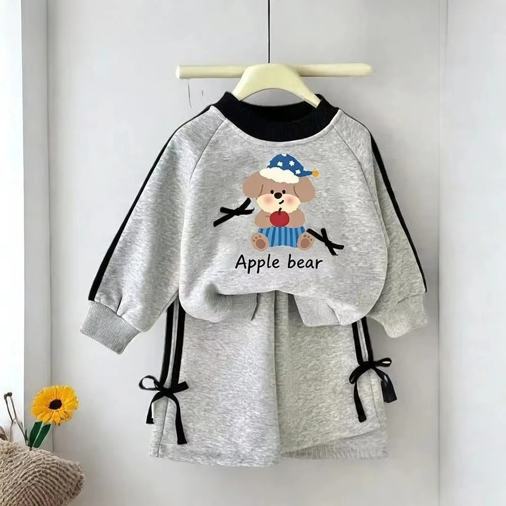 3-7 Year Old Autumn Girls' Clothes Korean Version Cartoon Printed Long Sleeved Pullover and Bow Tied Pants Spring Children's Set