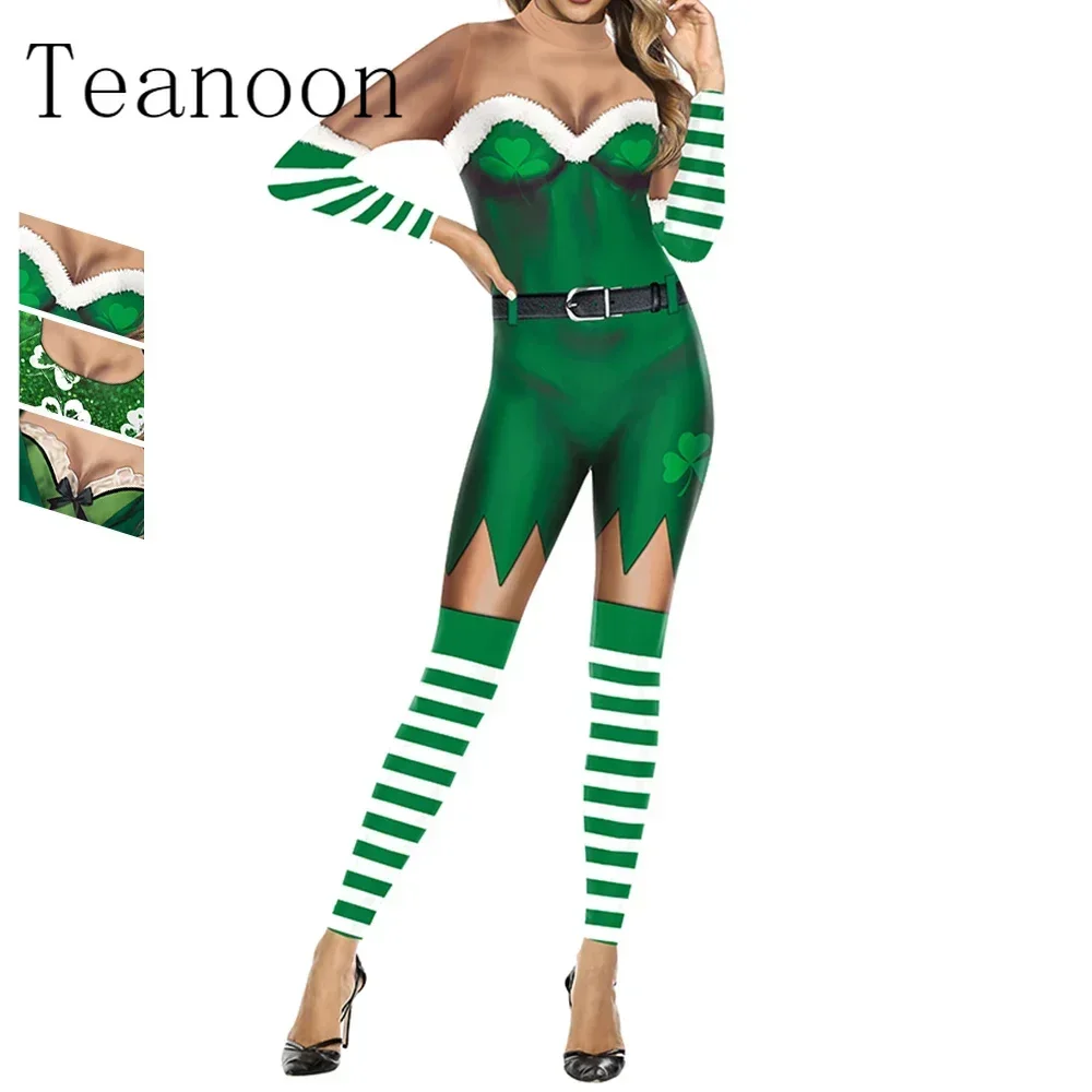 2024 New Irish Festival Jumpsuit Women Lucky Grass Print Holiday Cosplay Costume Party St. Parikh's Day Female Green Bodysuit