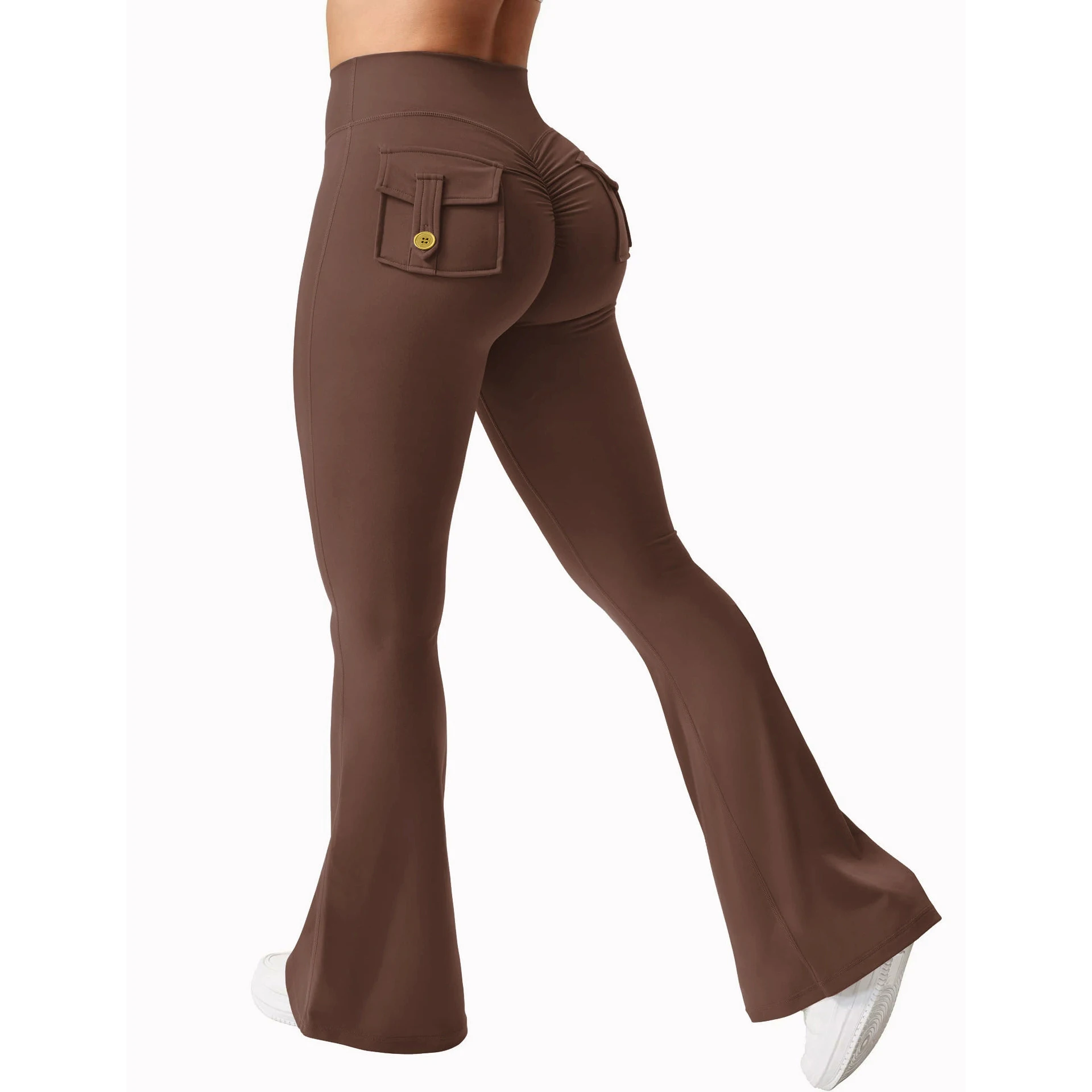 Women Flared Leggings with Pockets Gym Outdoor Fitness Athletic Workout Leggins Yoga Pants Sports Training Bell-bottomed Trouser