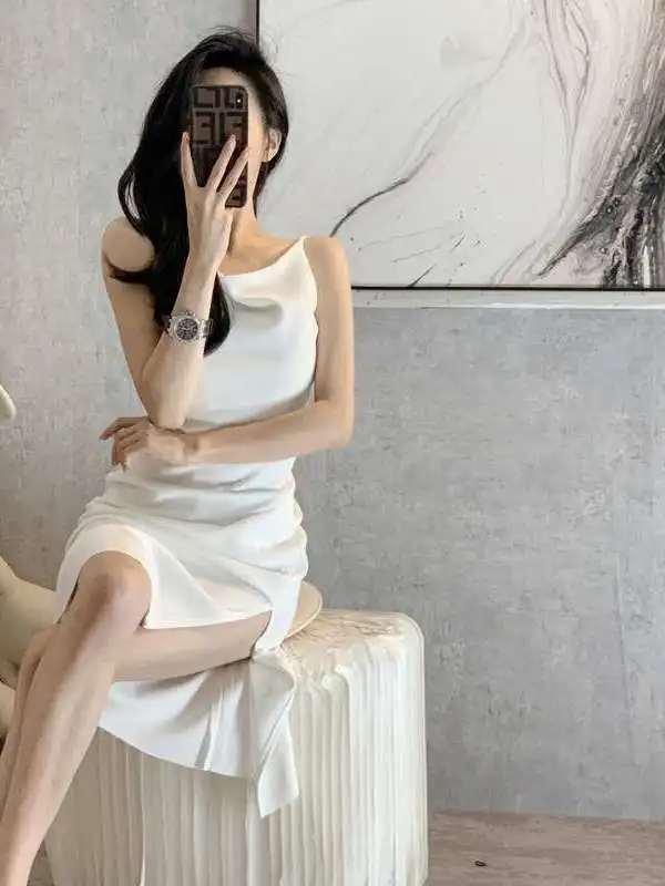 

Summer New Sense Women's White Dress Tight Design High Waist Linen Blend round Neck Short Sleeve Commute Style Citywalk Dress