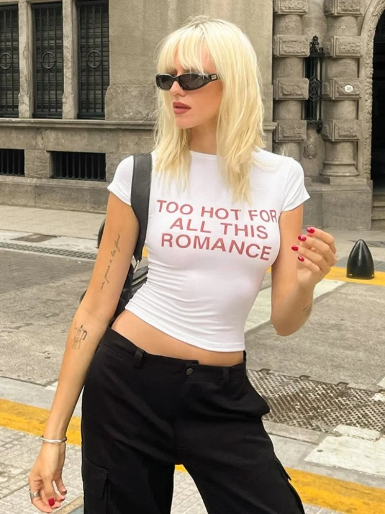 White Streetwear Short Sleeve T Shirts For Women Clothes Y2k Accessories Crop Top Letters Printing Casual Fashion Ropa De Mujer