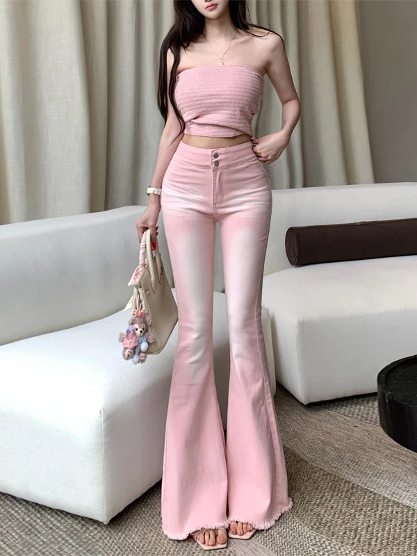 High Waist Bell Bottom Jeans Women's Elastic Fish Tail Micro Flared Pants Pink Gradient Cotton Denim Spring Autumn New Arrival