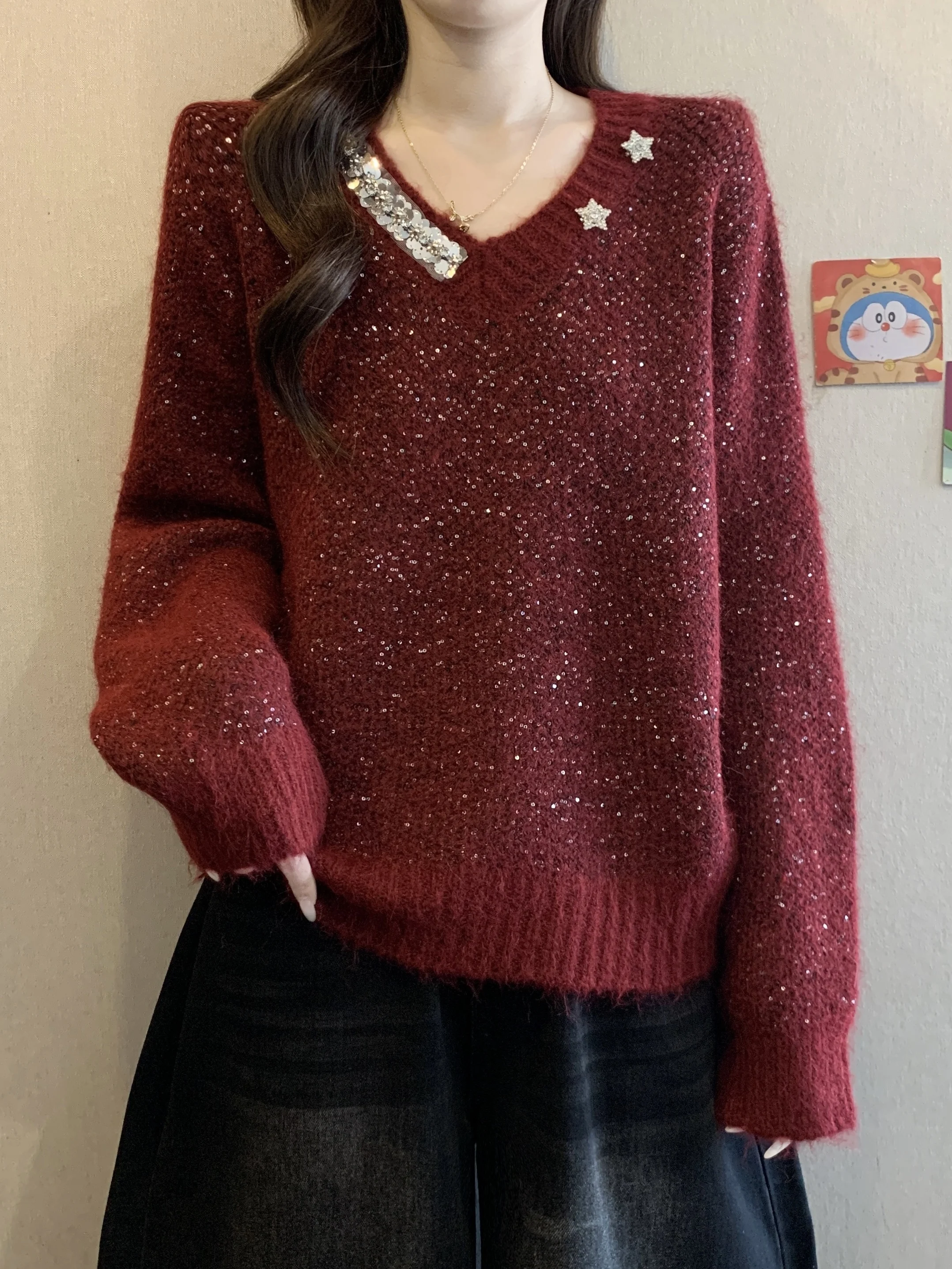 

iny красный V-ne Long Sve женский свитер со сверкающей звездой повседневный мягкий хлопковый зимний топ блестящий блестящий женский K...