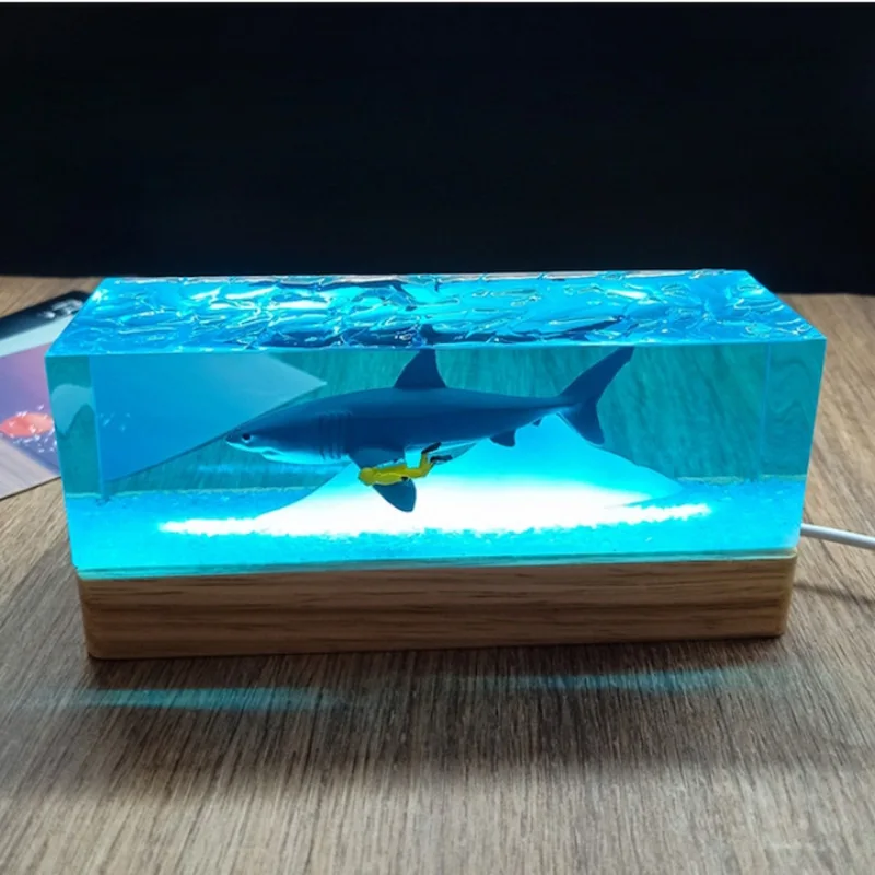 Rectangle Organism Resin Table Light Creactive Art Decoration Lamp Shark Diver Theme Night Light  USB Charge