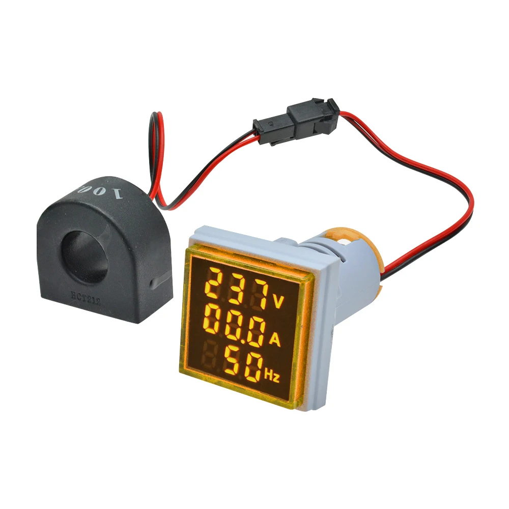 0-100A 60-500V 22MM Square Mini 3-in-1 Digital AC Voltage and Ammeter with Green/Red/Blue/White/Yellow LEDs