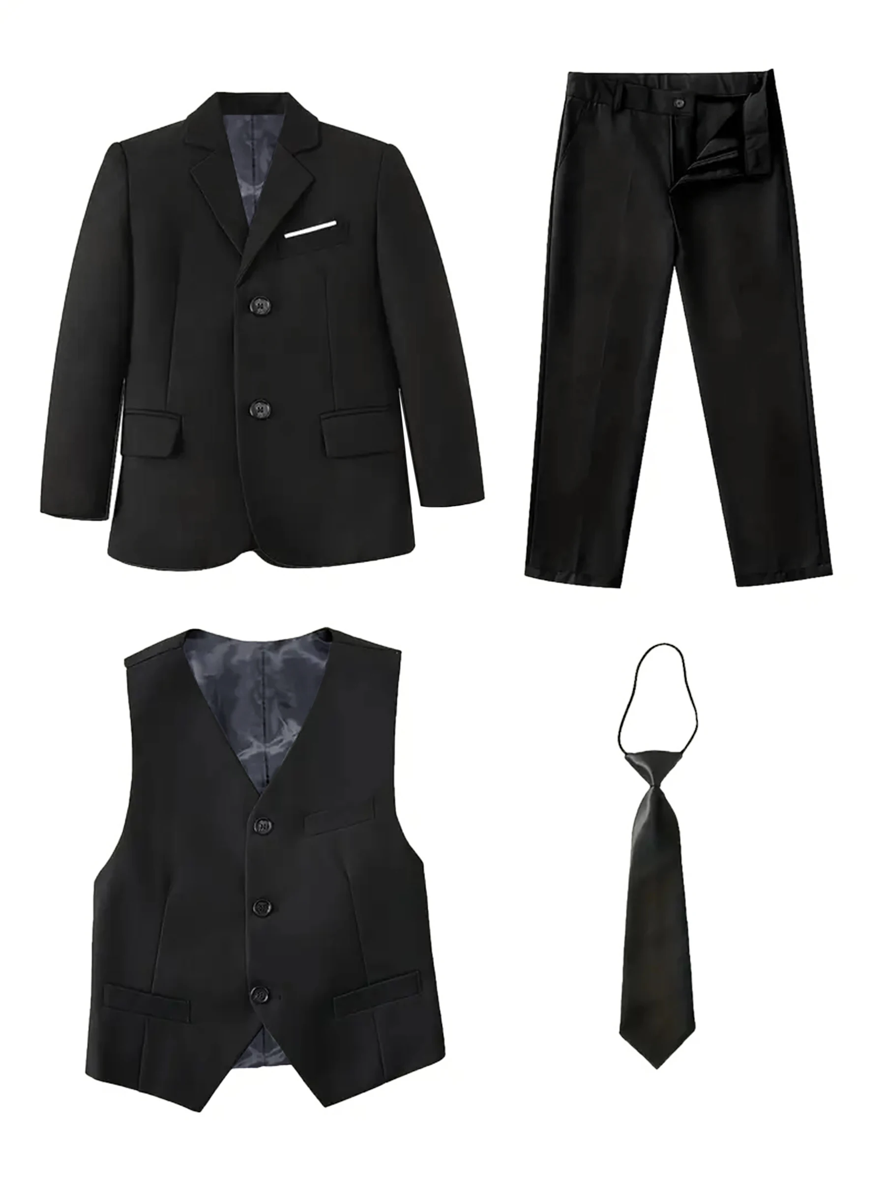 Jungenanzüge, 4-teilig, Jacke, Weste, Hose, Krawatte, zufällige Farbauswahl, Teenagerkleidung, Hochzeitskleidung, Bühnenkleidung, formelle Kleidung, klassisch, schmal geschnitten, elegant, für Kinder von 2 bis 16 Jahren. – Detail 4
