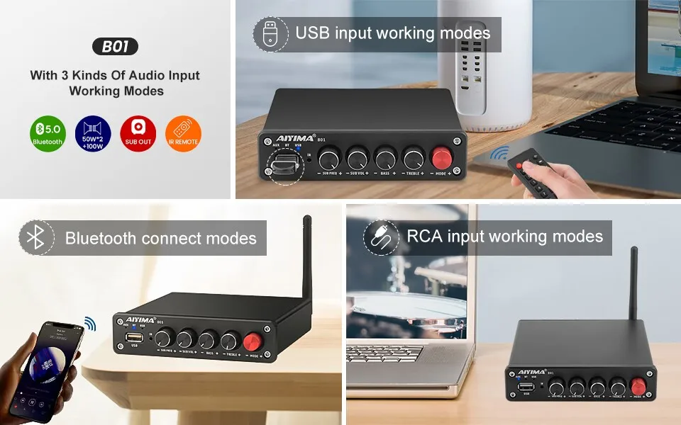 AIYIMA B01 Bluetooth Leistungsverstärker 2.1 Sound-Verstärker Lautsprecher Heim-Audio-Verstärker A03 TPA3116 Subwoofer-Verstärker 50Wx2+100W – Detail 12