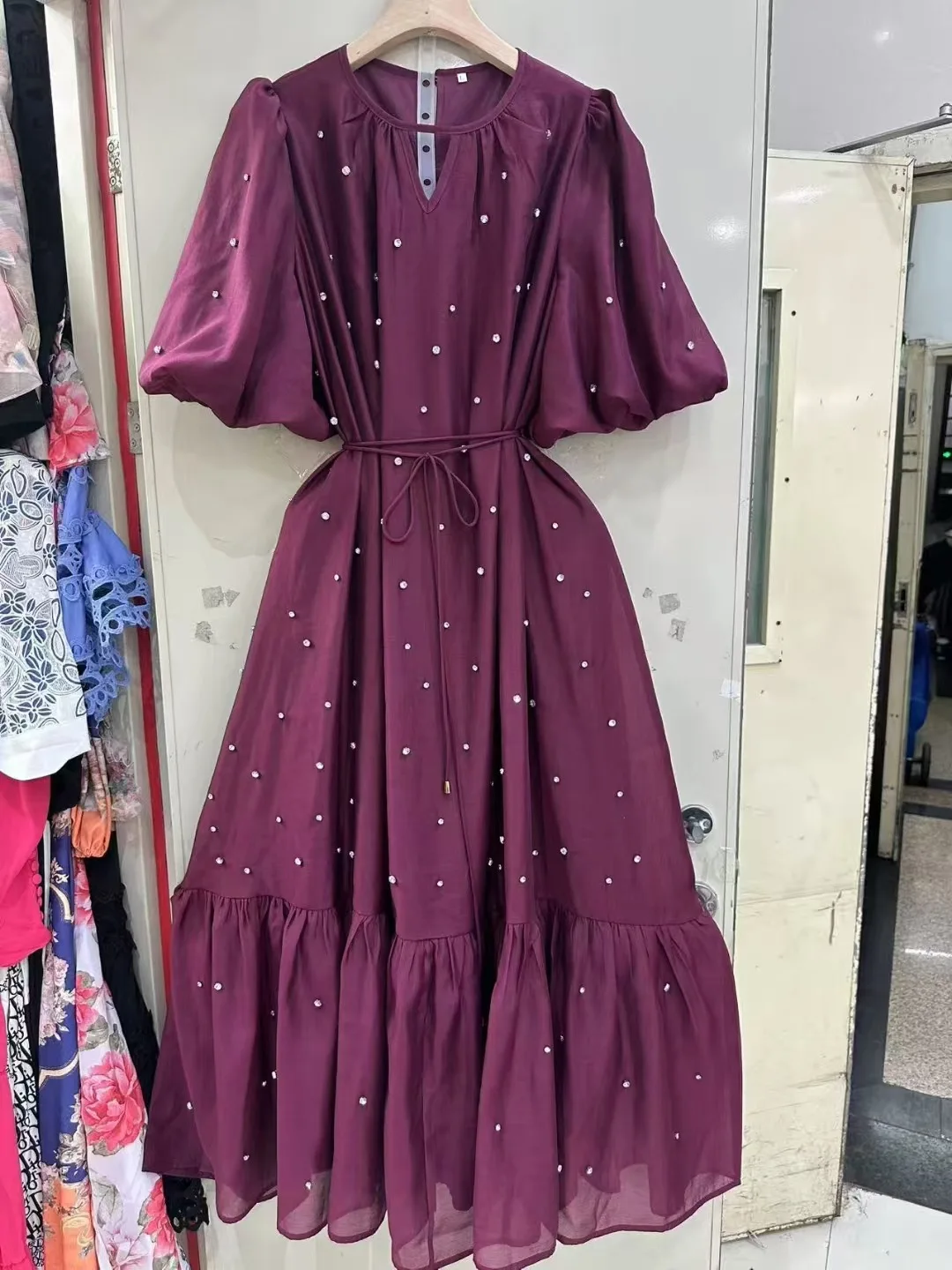 Robe de soirée de luxe en cristal pour femmes, manches courtes, perles, ample, mi-longue, élégante, tenue de soirée, été, automne